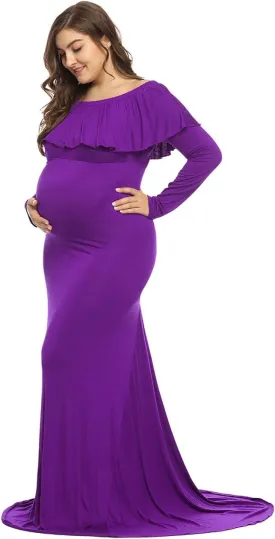 JustVH Maternity Fitted Elegant Gown Long Sleeve Off Shoulder Ruffles Maxi Photography Dress for Photoshoot