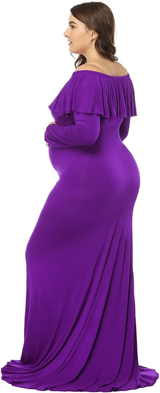JustVH Maternity Fitted Elegant Gown Long Sleeve Off Shoulder Ruffles Maxi Photography Dress for Photoshoot