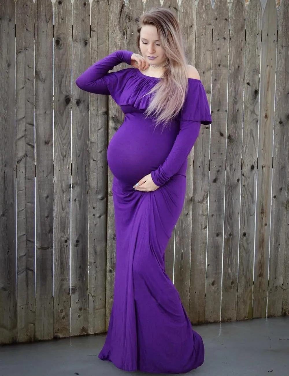 JustVH Maternity Fitted Elegant Gown Long Sleeve Off Shoulder Ruffles Maxi Photography Dress for Photoshoot