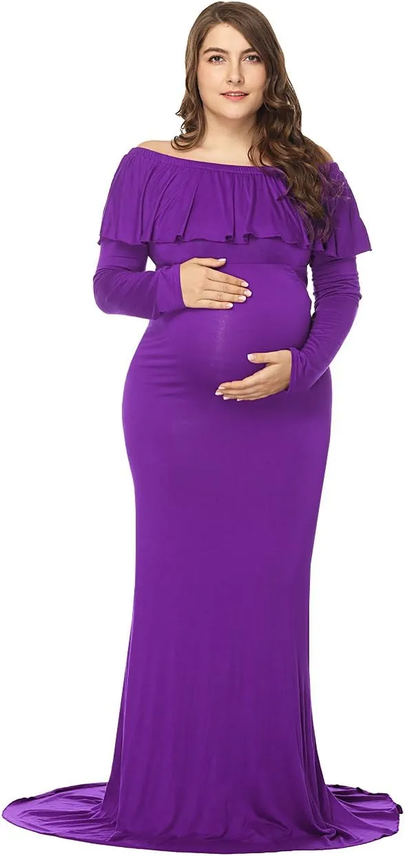 JustVH Maternity Fitted Elegant Gown Long Sleeve Off Shoulder Ruffles Maxi Photography Dress for Photoshoot