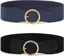 Kajeer 2 Pack Women Stretchy Waist Belt, Vintage 2.4 inch Chunky Buckle Belts for Ladies Dress