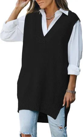 Kisscynest Women's Oversized V Neck Knitted Sweater Vest Casual Loose Sleeveless Sweater Pullover