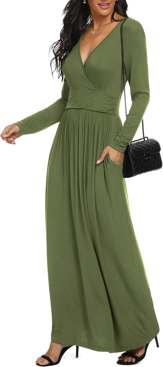 LILBETTER Women Long Sleeve Deep V Neck Loose Plain Long Maxi Casual Dress