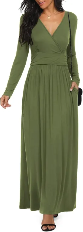LILBETTER Women Long Sleeve Deep V Neck Loose Plain Long Maxi Casual Dress