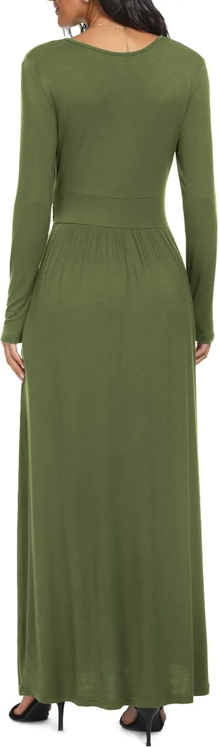 LILBETTER Women Long Sleeve Deep V Neck Loose Plain Long Maxi Casual Dress