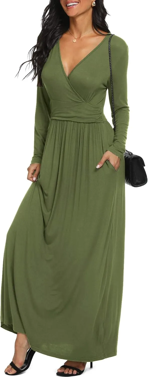 LILBETTER Women Long Sleeve Deep V Neck Loose Plain Long Maxi Casual Dress