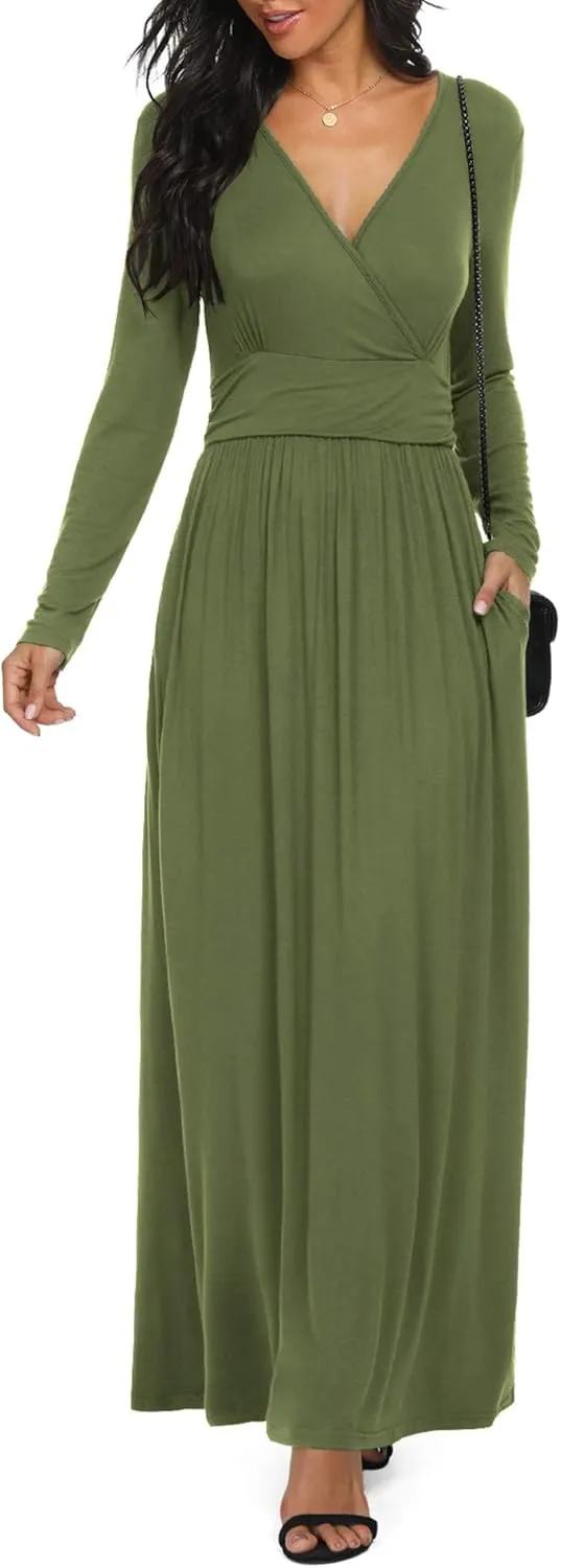 LILBETTER Women Long Sleeve Deep V Neck Loose Plain Long Maxi Casual Dress