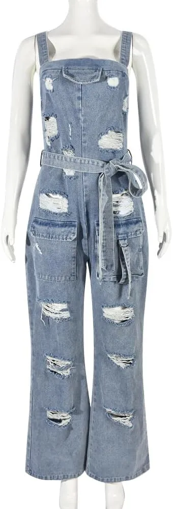 Mandonce Denim Jumpsuit for Women Halter Wide Leg Ripped Jean Jumpsuits for Women with Belt Casual Denim Romper