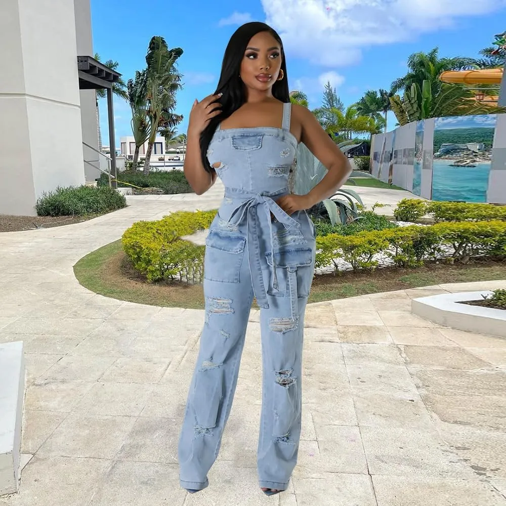 Mandonce Denim Jumpsuit for Women Halter Wide Leg Ripped Jean Jumpsuits for Women with Belt Casual Denim Romper