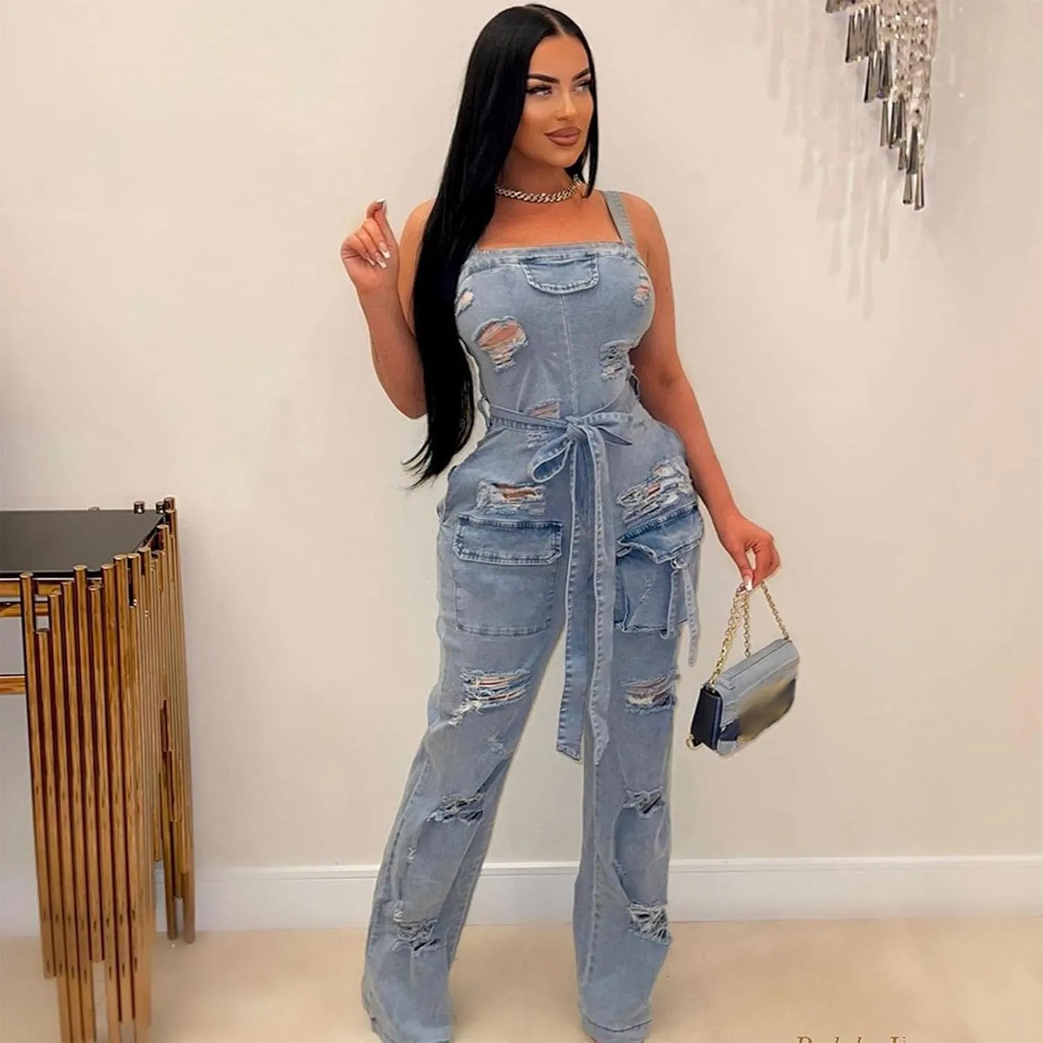Mandonce Denim Jumpsuit for Women Halter Wide Leg Ripped Jean Jumpsuits for Women with Belt Casual Denim Romper