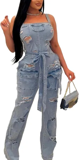Mandonce Denim Jumpsuit for Women Halter Wide Leg Ripped Jean Jumpsuits for Women with Belt Casual Denim Romper