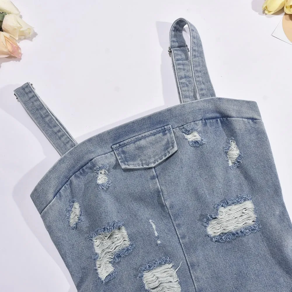 Mandonce Denim Jumpsuit for Women Halter Wide Leg Ripped Jean Jumpsuits for Women with Belt Casual Denim Romper