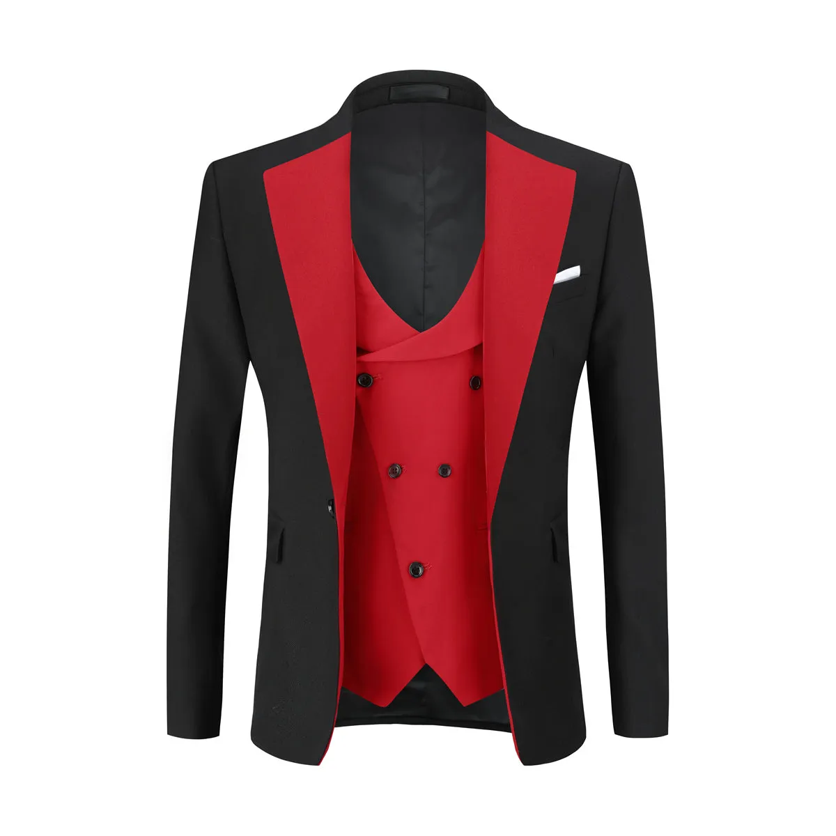Men's 3-Piece Fashion One Button Color-Blocking Suit Red