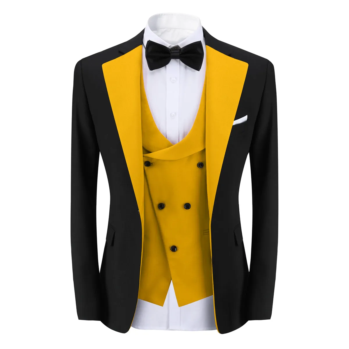 Men's 3-Piece Fashion One Button Color-Blocking Suit Yellow