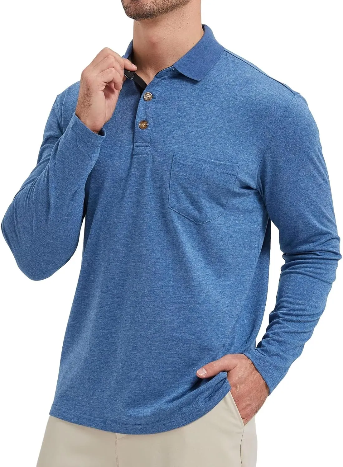 Men's Fashion Polo Shirts Casual Lightweight Long Sleeve Button Shirt with Pocket