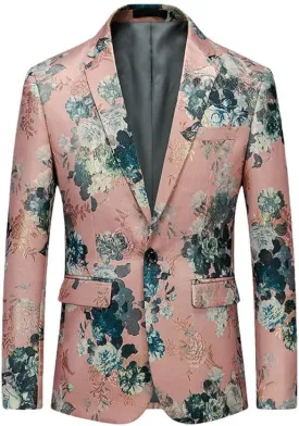 Men's Korean Slim Fit One Button Floral Blazer Business Casual MC Nightclub Jacket