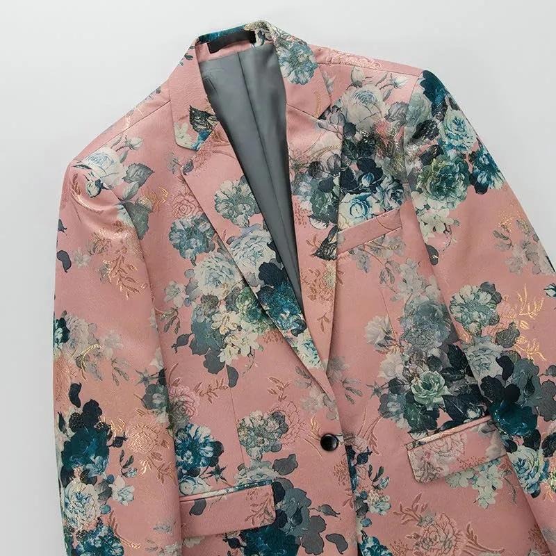 Men's Korean Slim Fit One Button Floral Blazer Business Casual MC Nightclub Jacket