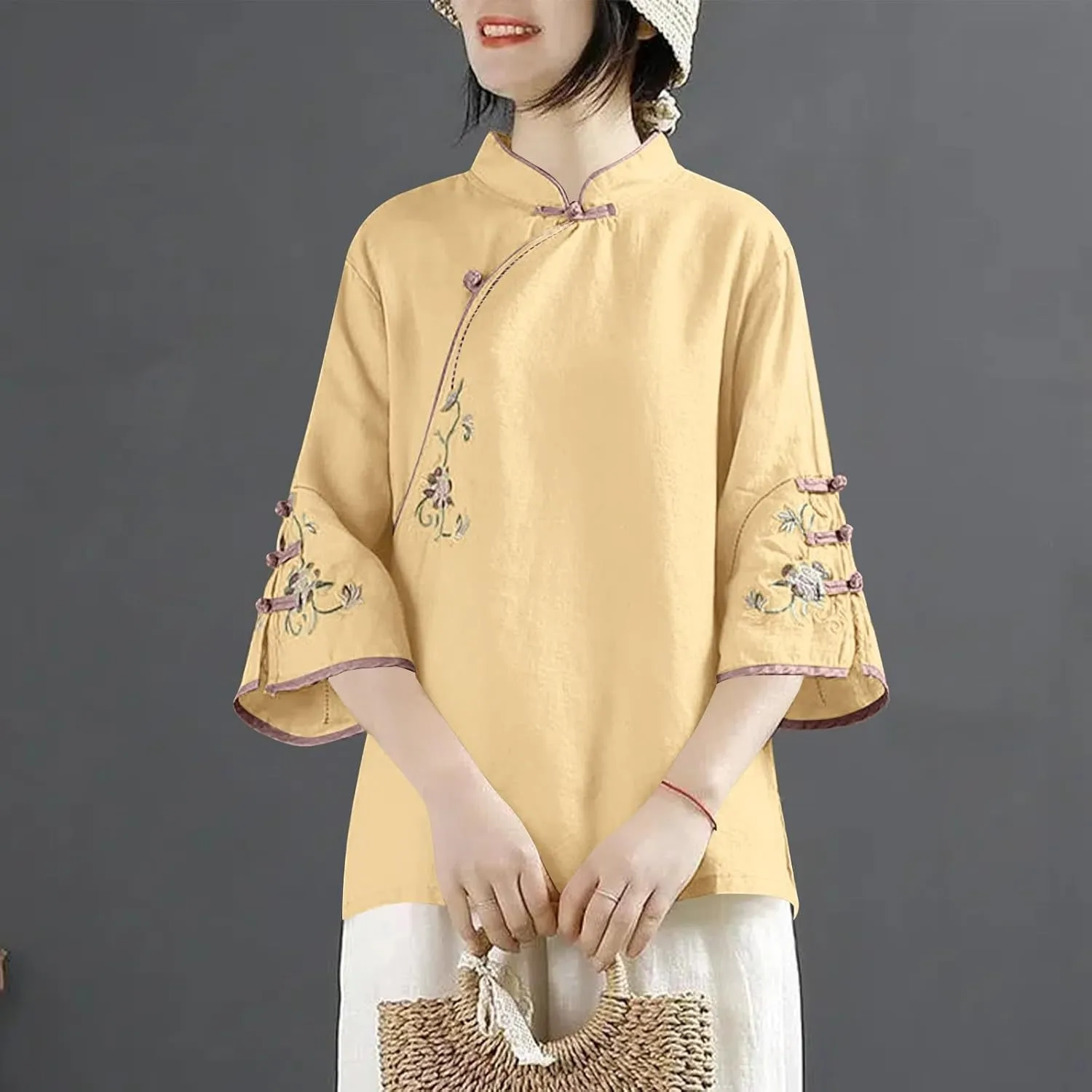 Mzkdieey Women's Cotton Linen Floral Embroidered Tops Retro Chinese Style Blouse Traditional Mandarin Collar 3/4 Sleeve Shirt