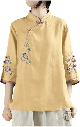 Mzkdieey Women's Cotton Linen Floral Embroidered Tops Retro Chinese Style Blouse Traditional Mandarin Collar 3/4 Sleeve Shirt