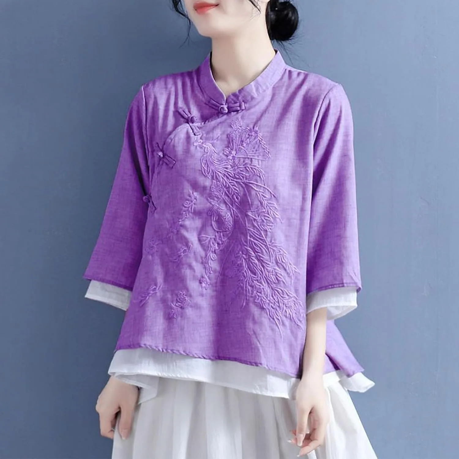 Mzkdieey Women's Cotton Linen Retro Chinese Frog Button Blouse Mandarin Collar 19th Century School Girl Qipao Shirts Tops