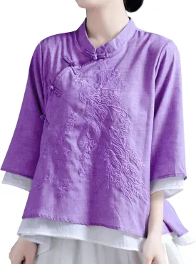 Mzkdieey Women's Cotton Linen Retro Chinese Frog Button Blouse Mandarin Collar 19th Century School Girl Qipao Shirts Tops