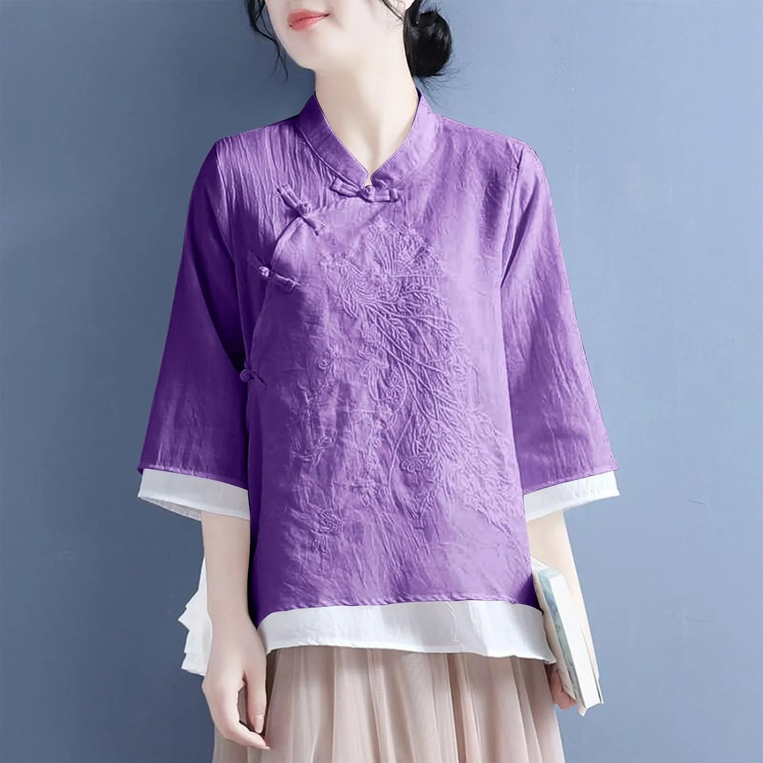 Mzkdieey Women's Cotton Linen Retro Chinese Frog Button Blouse Mandarin Collar 19th Century School Girl Qipao Shirts Tops