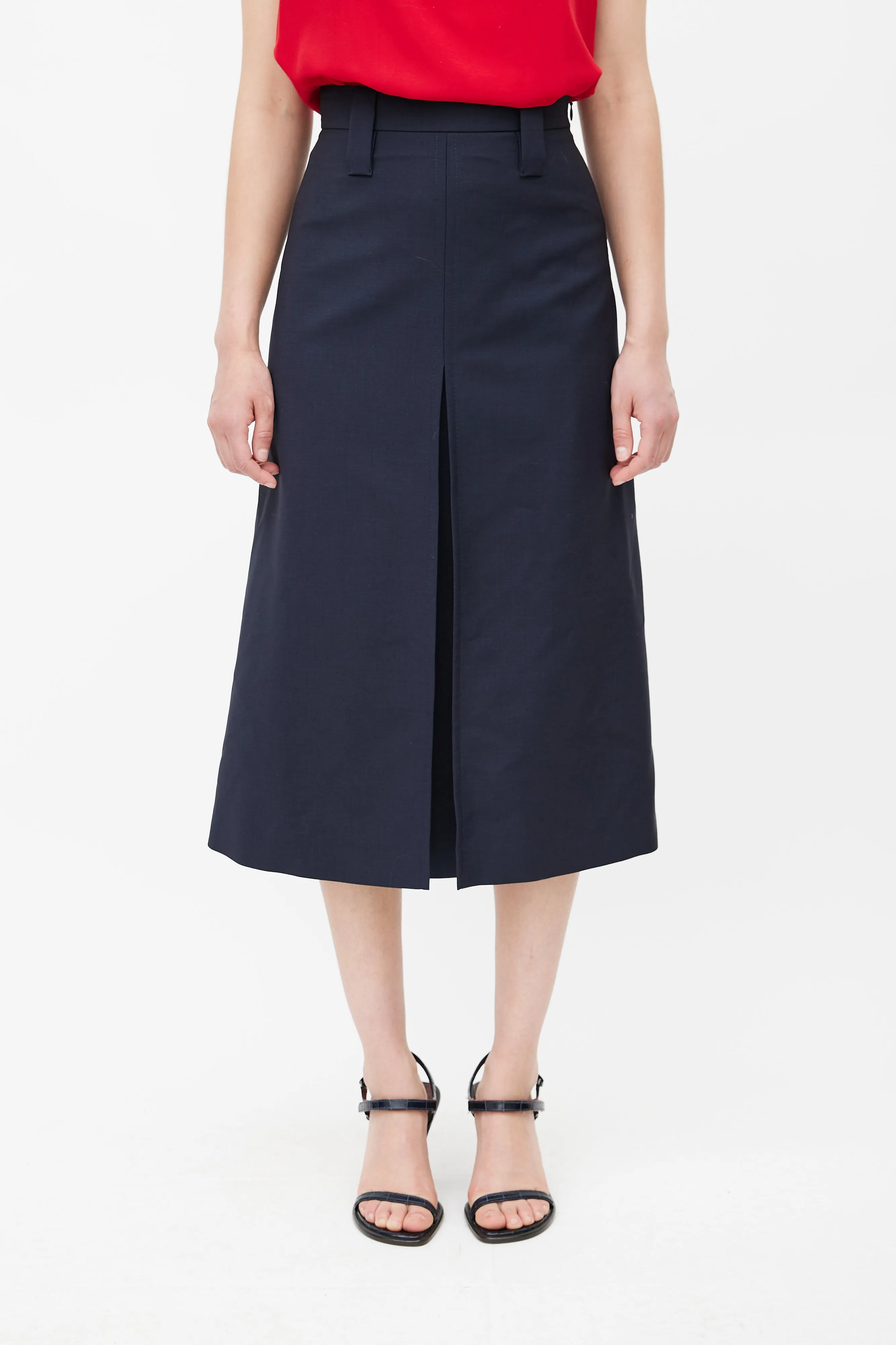 Navy Pleated Midi Skirt