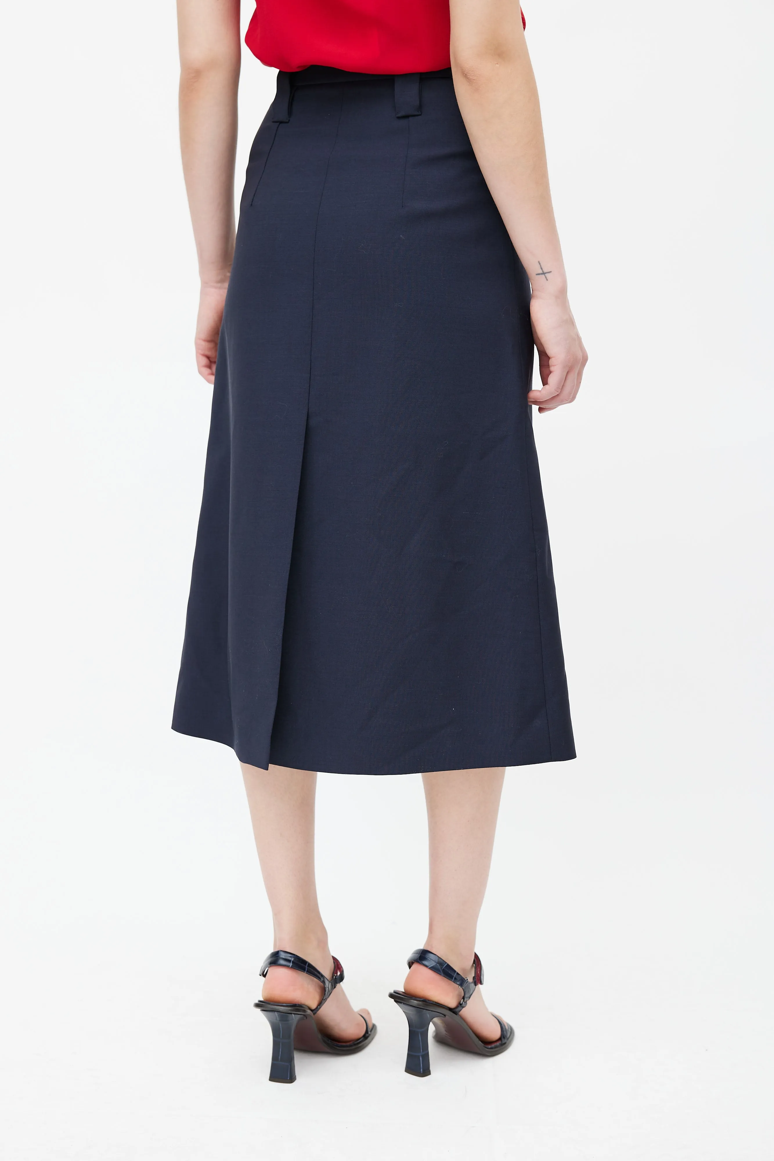 Navy Pleated Midi Skirt