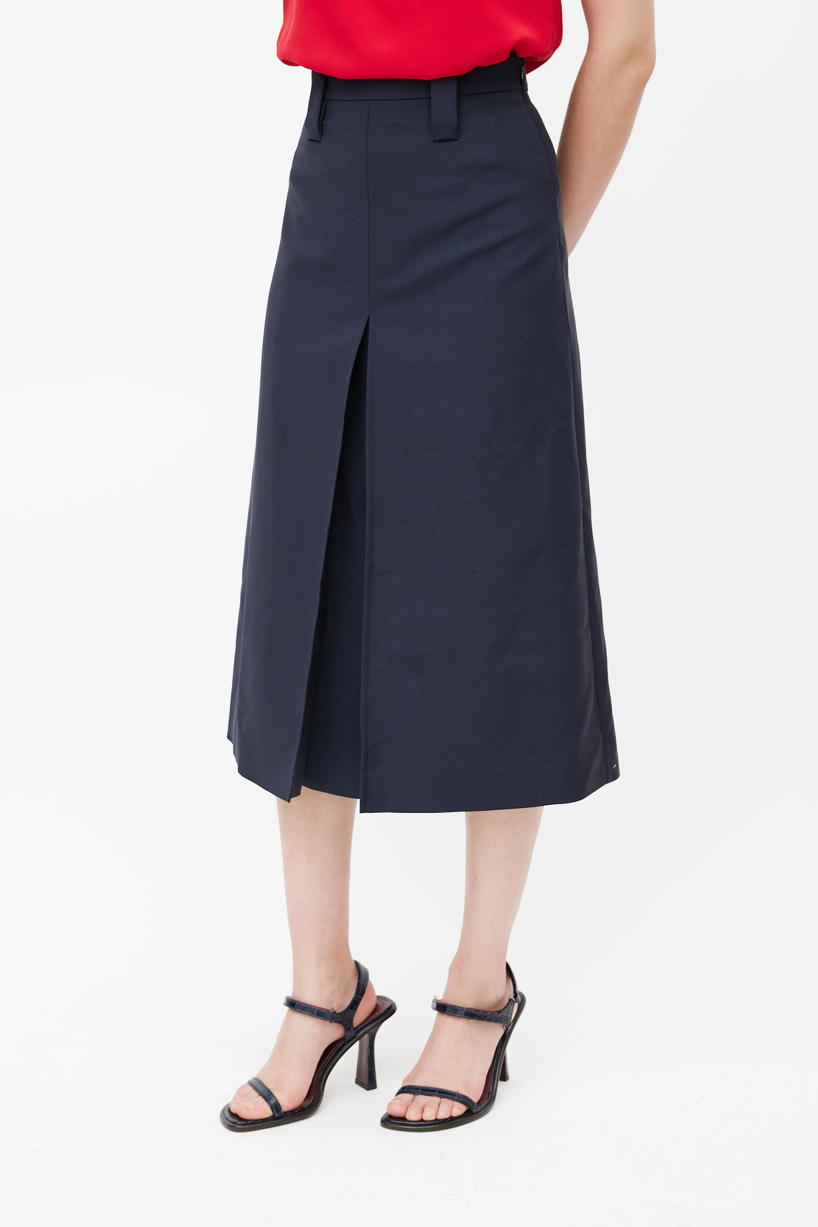 Navy Pleated Midi Skirt