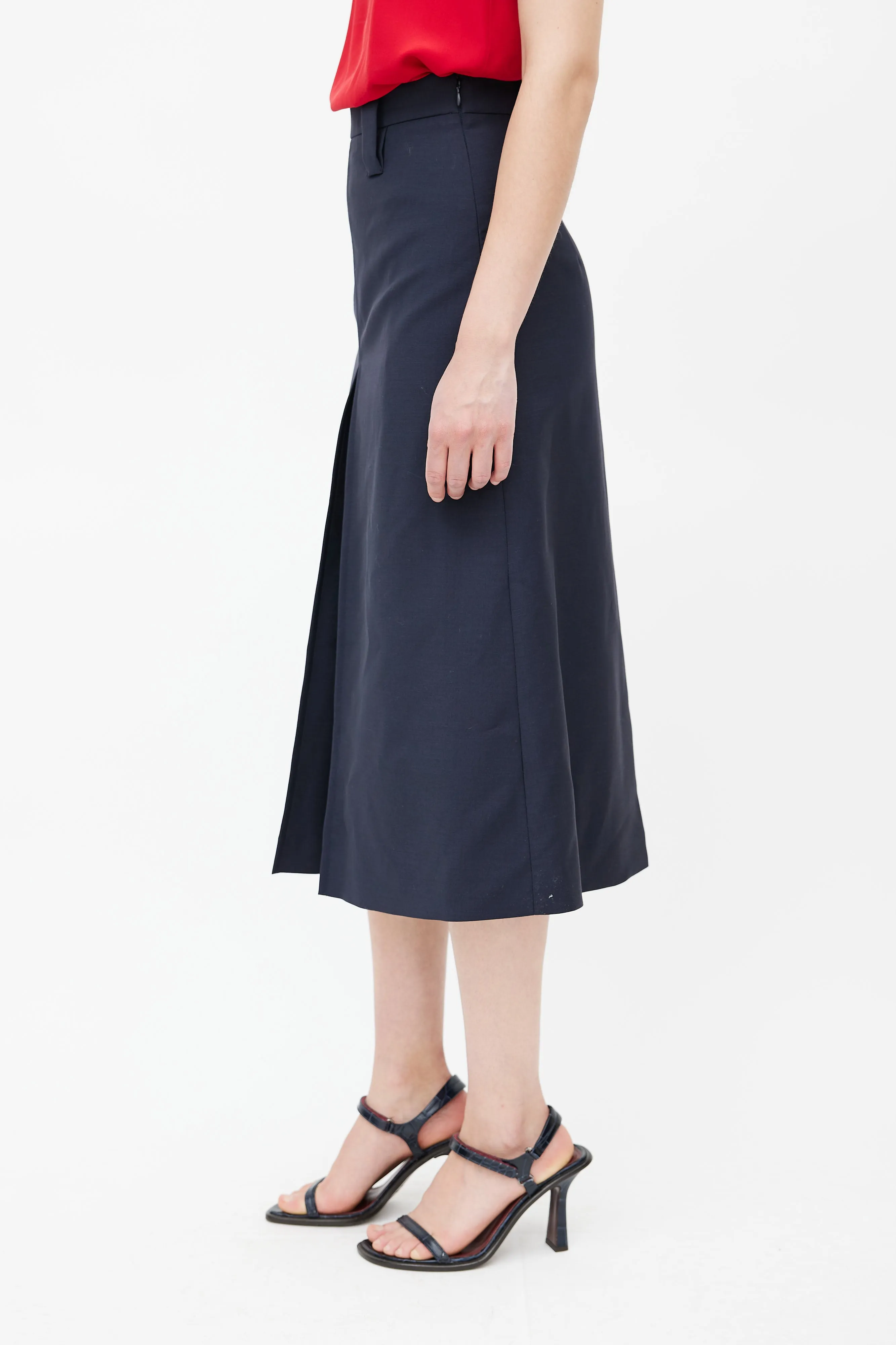 Navy Pleated Midi Skirt