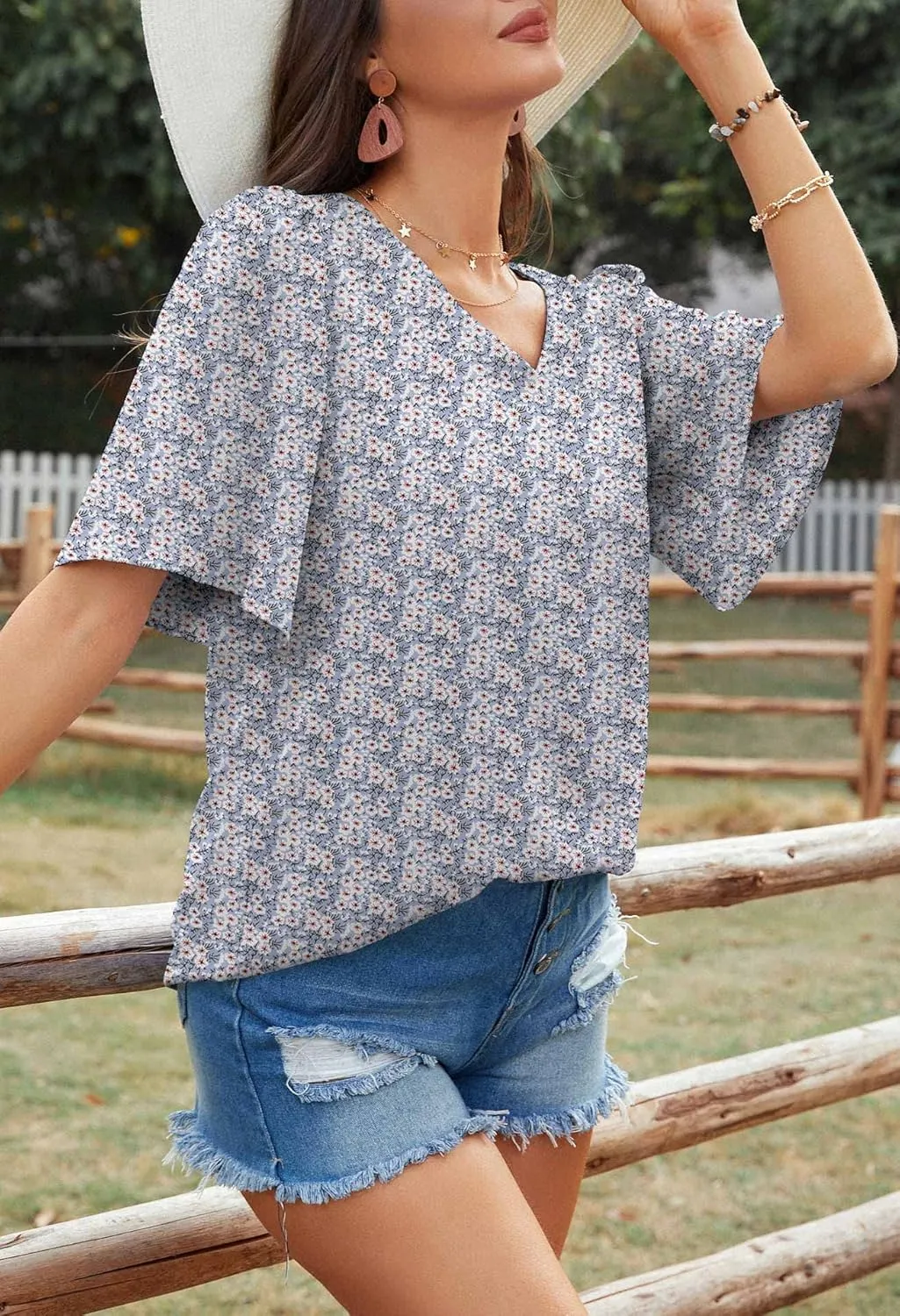 Neineiwu Women's Summer V Neck Floral Print Blouse Short Sleeve Loose Top Shirts