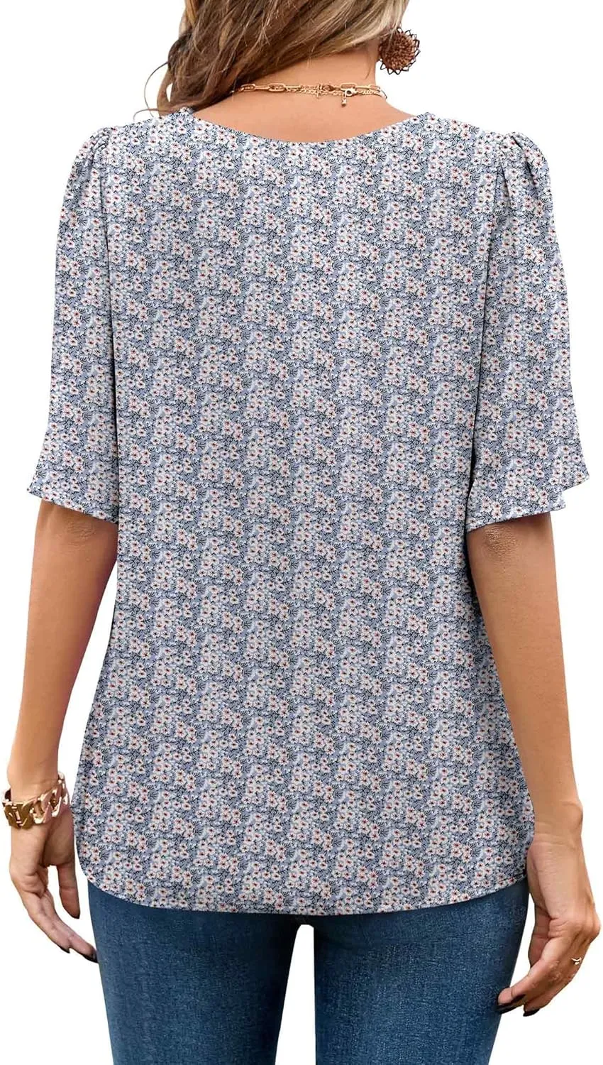 Neineiwu Women's Summer V Neck Floral Print Blouse Short Sleeve Loose Top Shirts