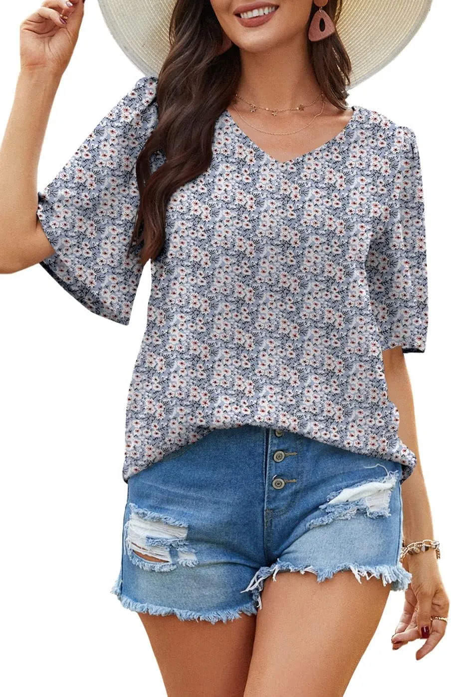 Neineiwu Women's Summer V Neck Floral Print Blouse Short Sleeve Loose Top Shirts