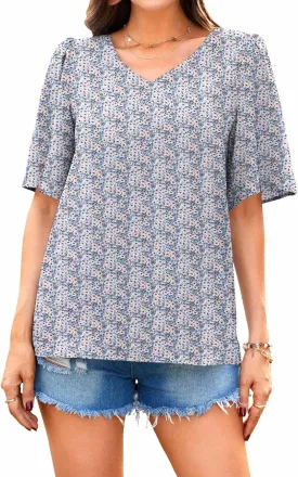 Neineiwu Women's Summer V Neck Floral Print Blouse Short Sleeve Loose Top Shirts