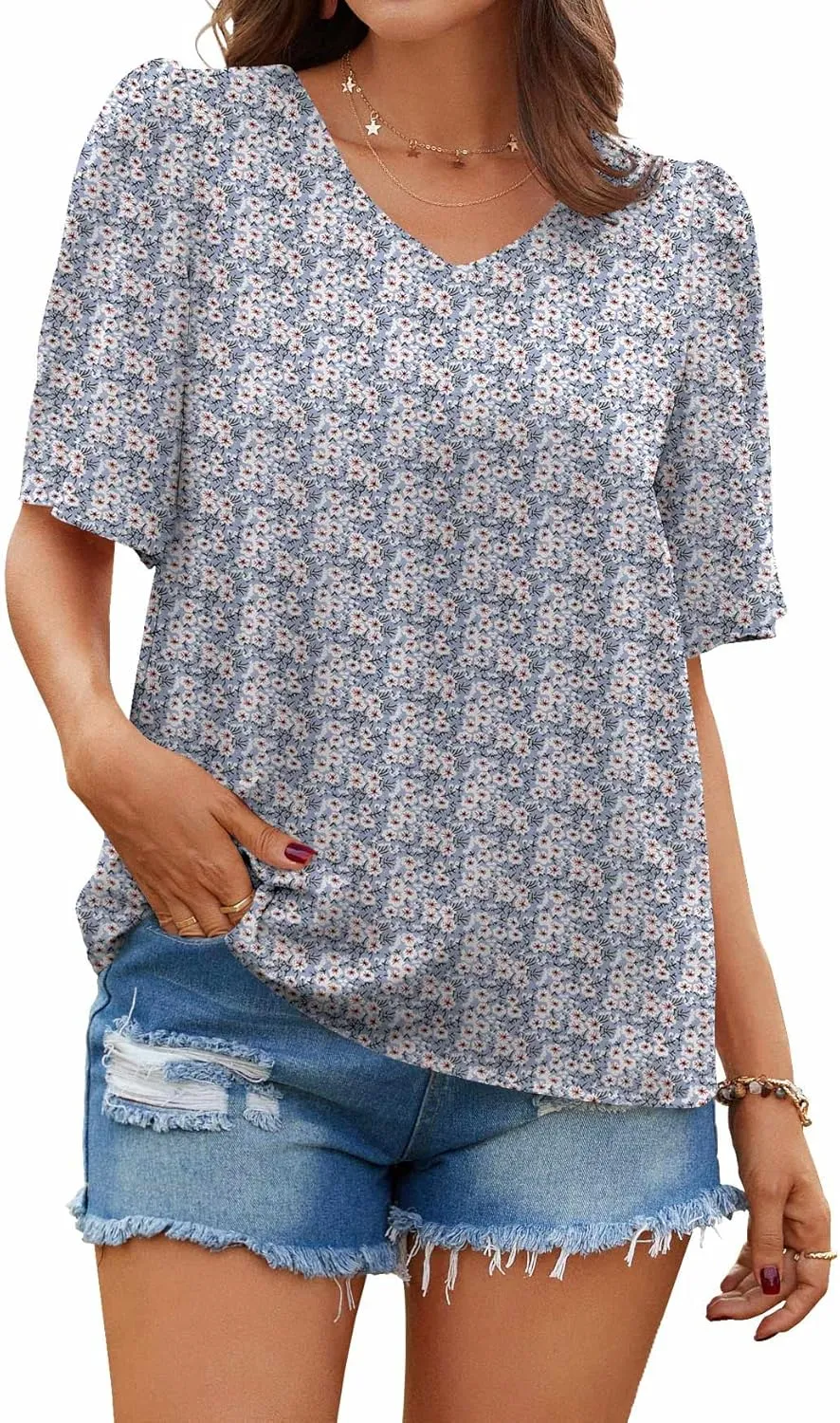 Neineiwu Women's Summer V Neck Floral Print Blouse Short Sleeve Loose Top Shirts