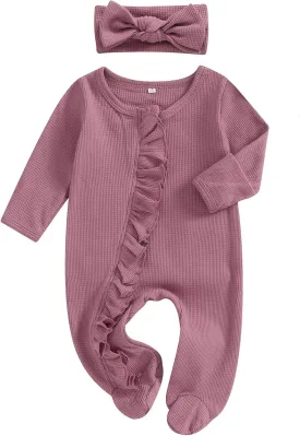 Newborn Baby Girl Fall Winter Outfits Clothes Knit Jumpsuit Ruffle Romper Newborn Coming Home Outfit for Baby Girl