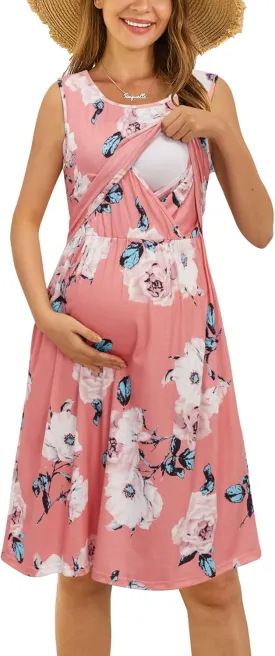 OUGES Womens Solid/Floral Maternity Dresses Sleeveless/Long Sleeve Nursing Gown Breastfeeding Clothes
