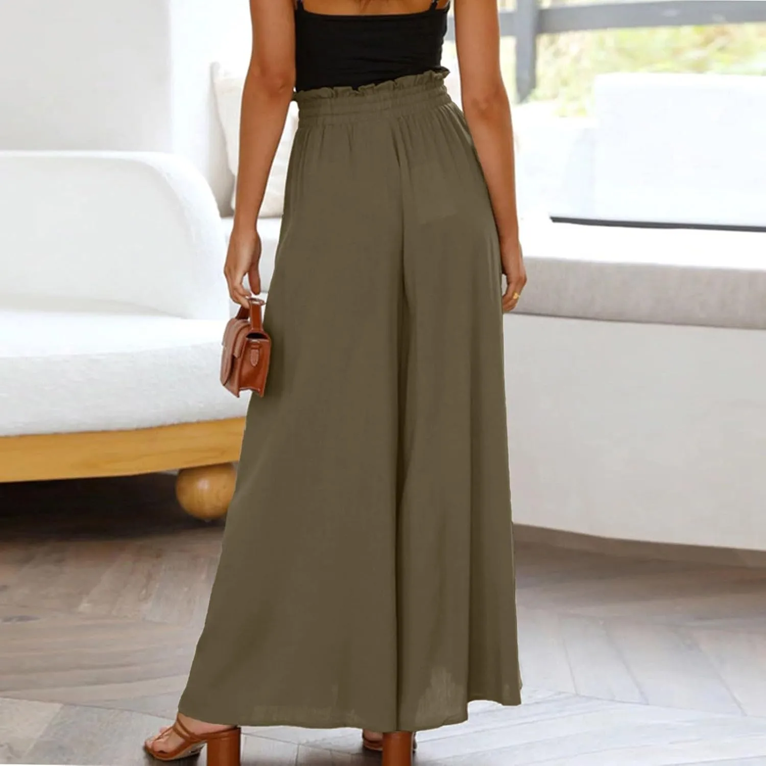 Palazzo Pants for Women Baggy Chiffon Skirt Pants Flowy Culottes Pants High Waisted Paper Bag Beach Pants with Pockets