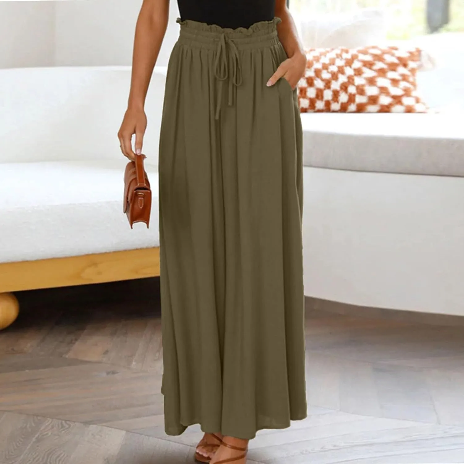 Palazzo Pants for Women Baggy Chiffon Skirt Pants Flowy Culottes Pants High Waisted Paper Bag Beach Pants with Pockets