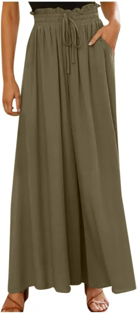 Palazzo Pants for Women Baggy Chiffon Skirt Pants Flowy Culottes Pants High Waisted Paper Bag Beach Pants with Pockets