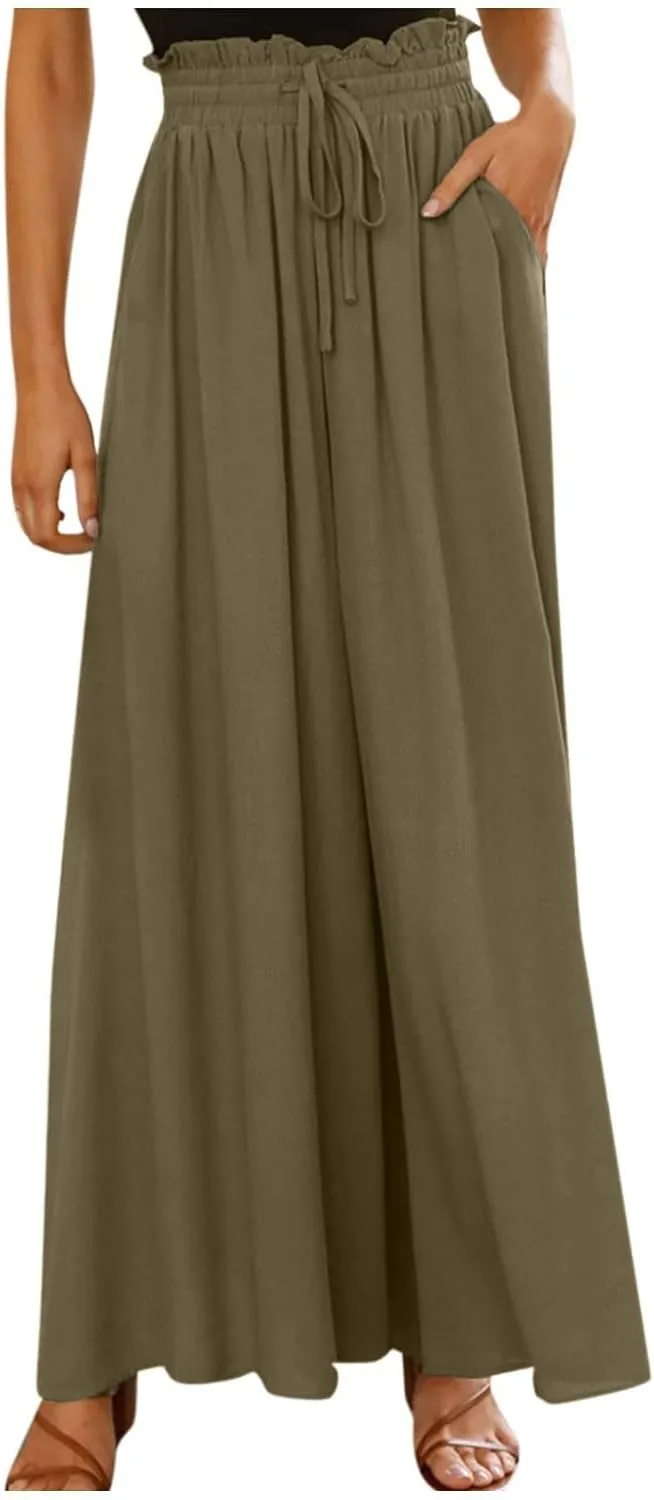 Palazzo Pants for Women Baggy Chiffon Skirt Pants Flowy Culottes Pants High Waisted Paper Bag Beach Pants with Pockets