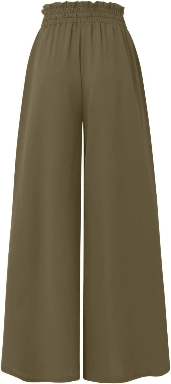 Palazzo Pants for Women Baggy Chiffon Skirt Pants Flowy Culottes Pants High Waisted Paper Bag Beach Pants with Pockets