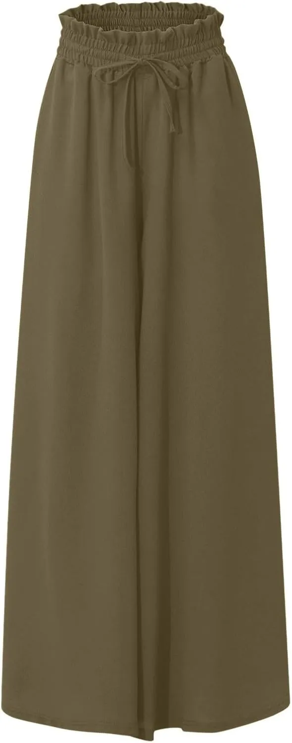Palazzo Pants for Women Baggy Chiffon Skirt Pants Flowy Culottes Pants High Waisted Paper Bag Beach Pants with Pockets