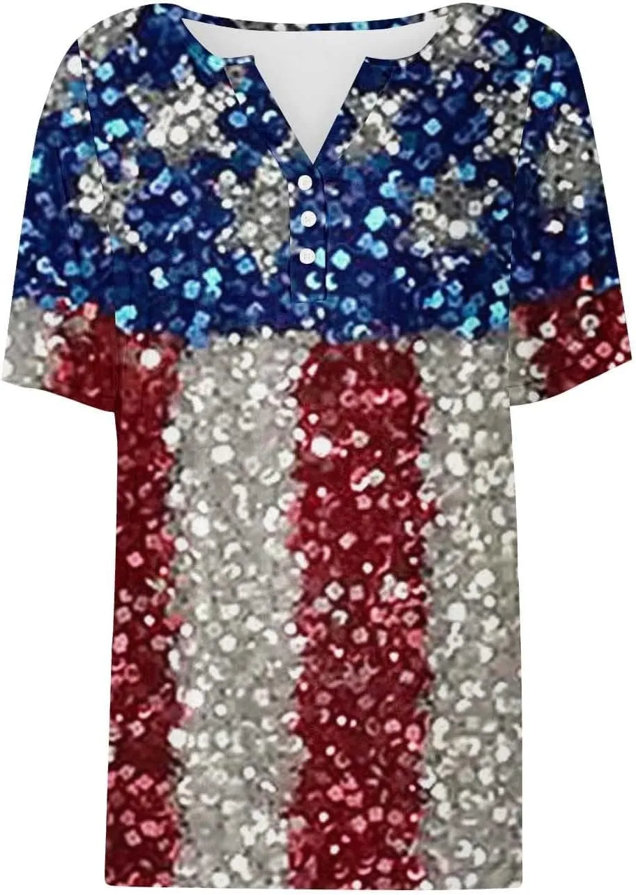 Patriotic T Shirt for Women 4th of July American Flag Print Short Sleeve Tops Casual V Neck Button Down Blouse