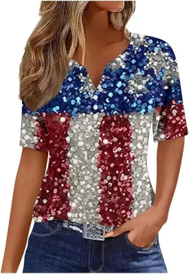 Patriotic T Shirt for Women 4th of July American Flag Print Short Sleeve Tops Casual V Neck Button Down Blouse