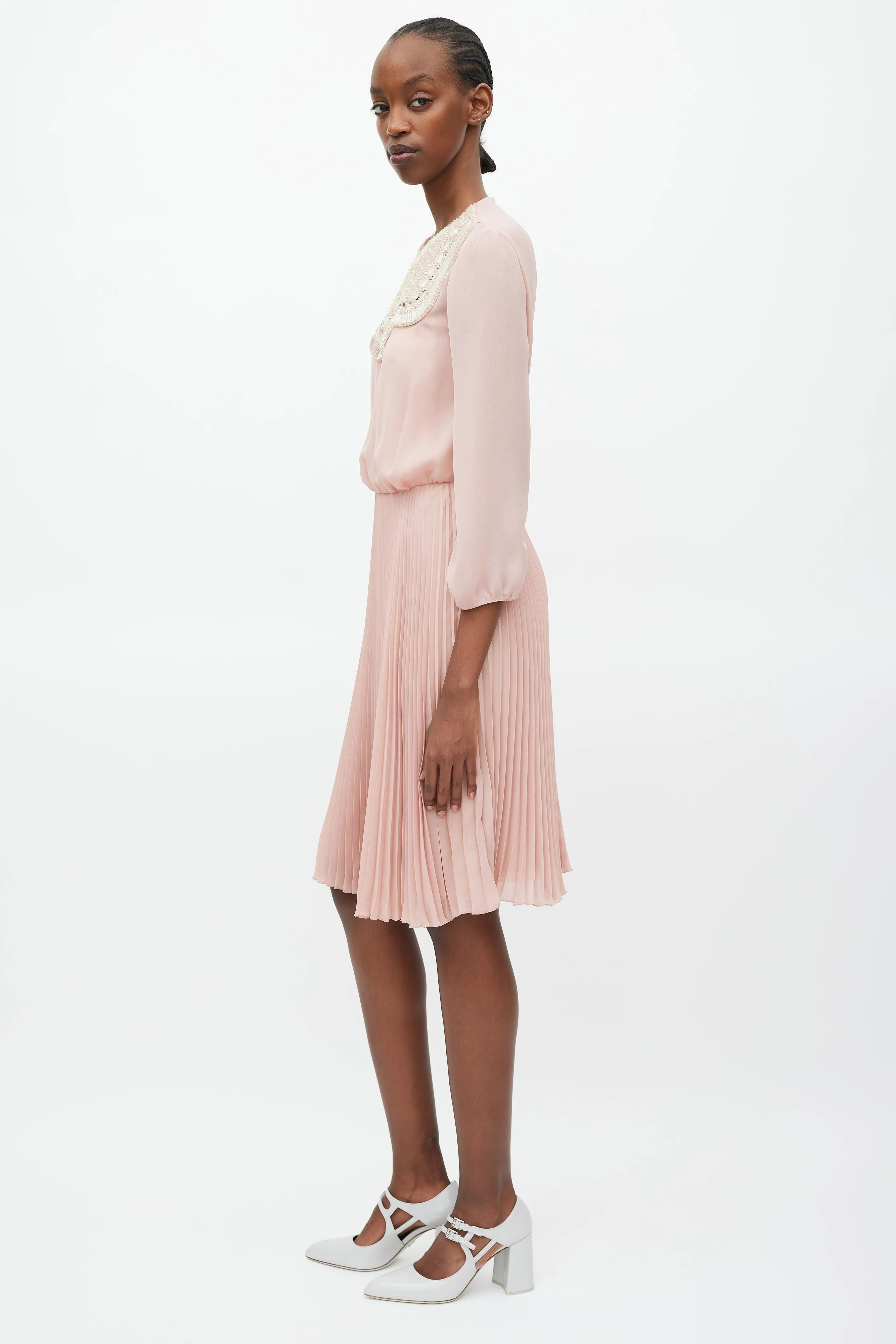 Pink & Yellow Pleated Beaded Dress