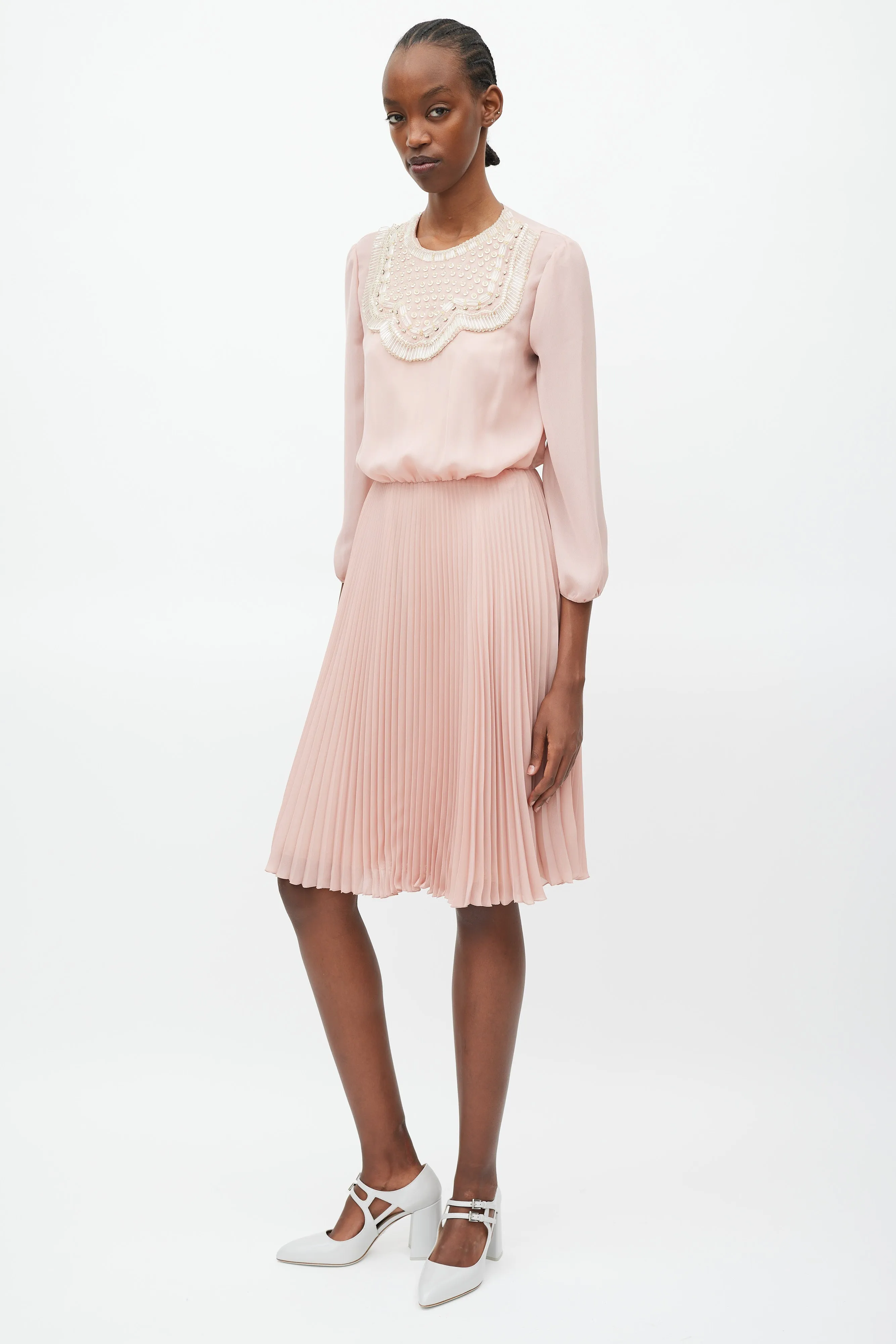 Pink & Yellow Pleated Beaded Dress