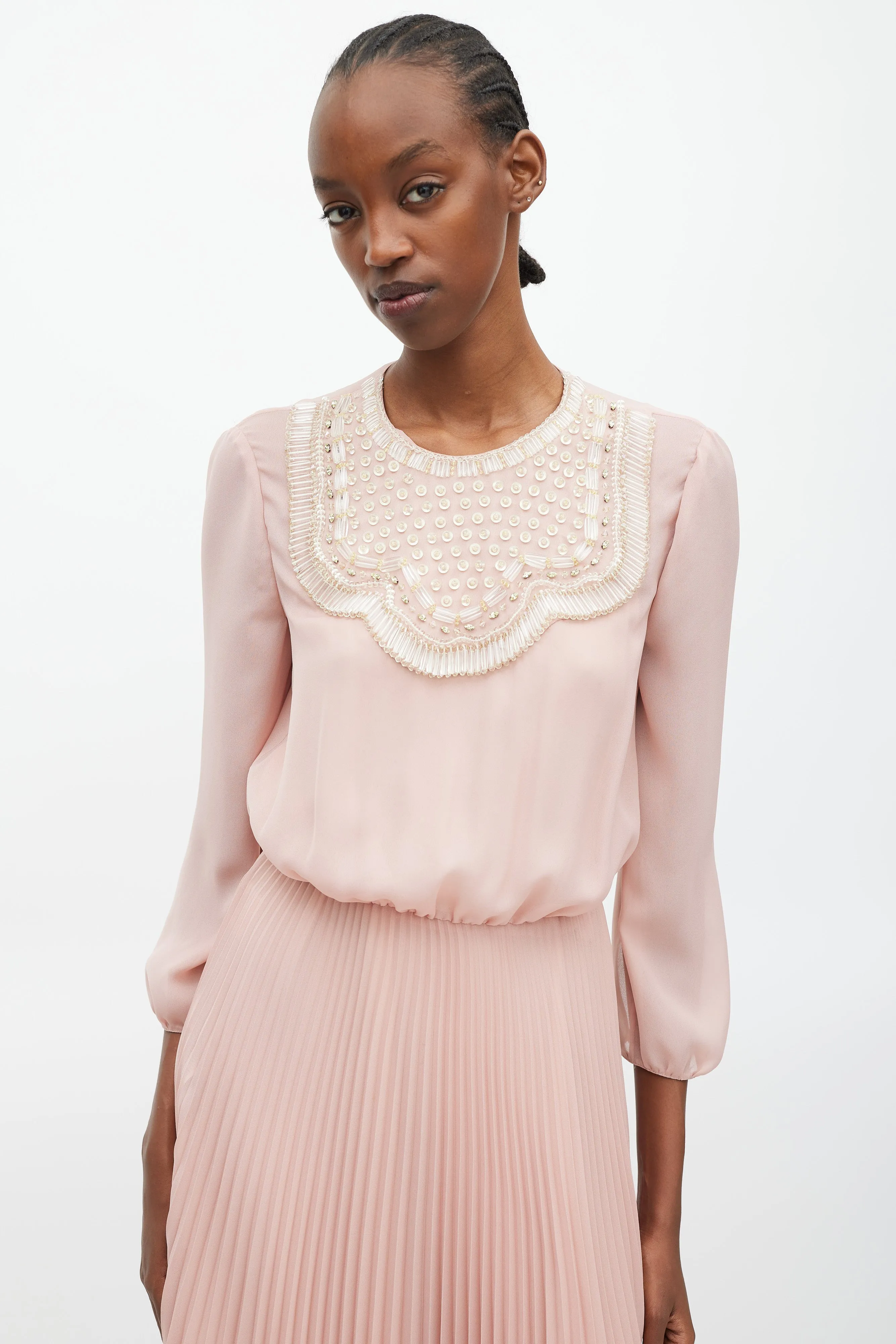 Pink & Yellow Pleated Beaded Dress