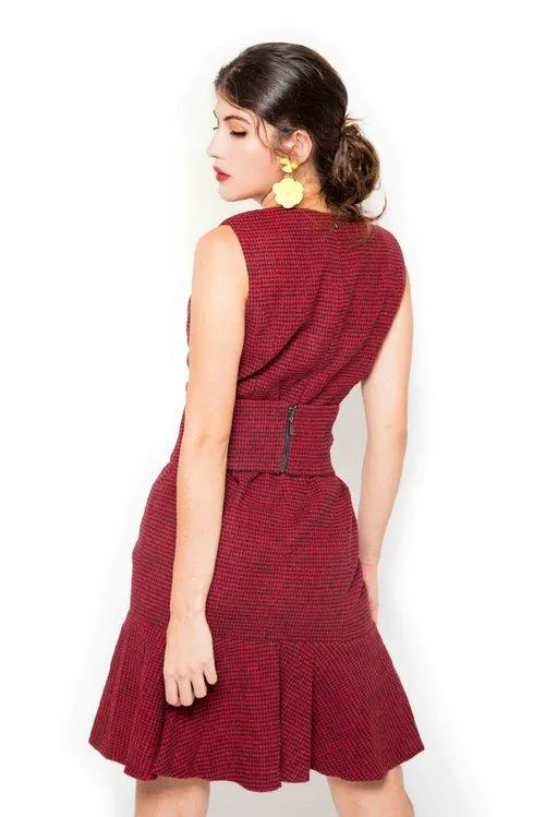 Plaid wool vintage inspired retro drop hem pleated hem red dress