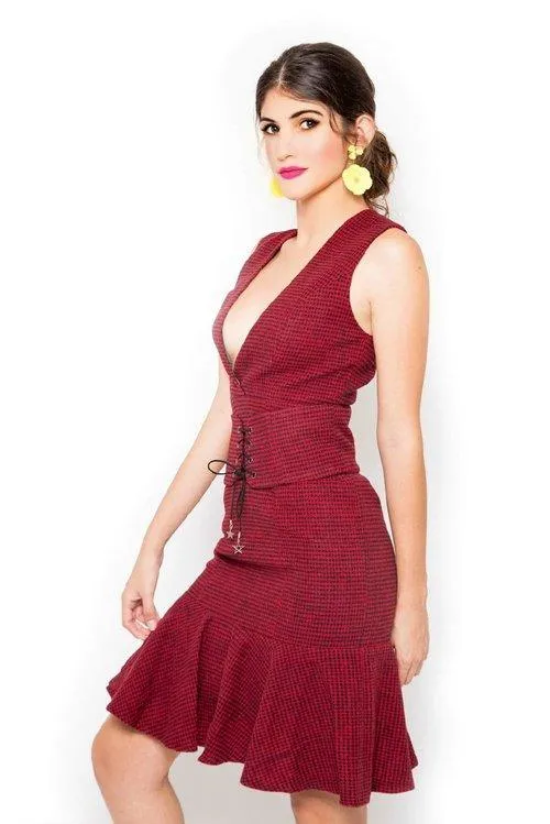 Plaid wool vintage inspired retro drop hem pleated hem red dress